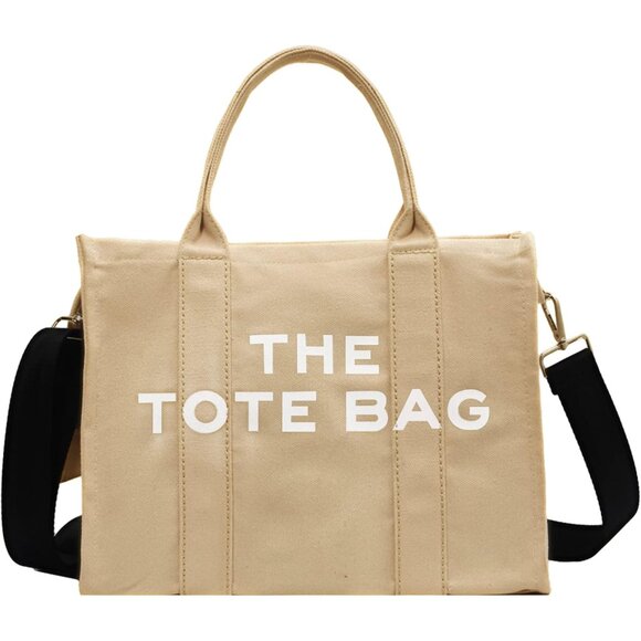 Women Khaki Personalized Canvas with Zipper Top-Handle Crossbody Tote Handbag - Picture 1 of 6